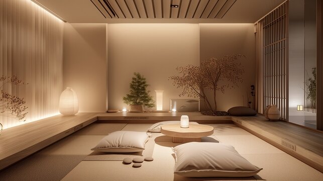 A tranquil meditation space with soft, luxurious cushions, a minimalist low table, and gentle, ambient lighting, creating a peaceful retreat.
