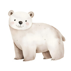 Gentle watercolor polar bear in soft pastel tones with a calm expression. Perfect for nursery decor, children’s books, Arctic themes, or cozy winter nature illustrations