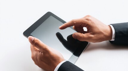 Close-up of a man hand interacting with a tablet device representing modern technology digital communication and online business tools.