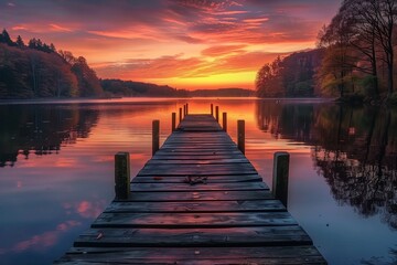 Obraz premium Serene Lakeside Sunset: A Tranquil Pier Leading to Vibrant Colors of the Dusk Sky