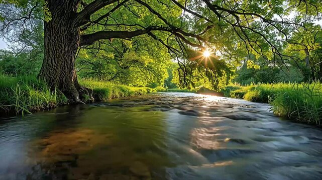 Tranquil stream flowing beneath lush trees bathed in sunlight footage