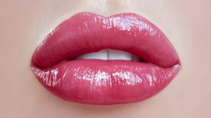 Obraz premium Close-up of glossy pink lips with a smooth texture, showcasing a vibrant shine and healthy appearance, emphasizing beauty and cosmetic appeal in a captivating and alluring manner