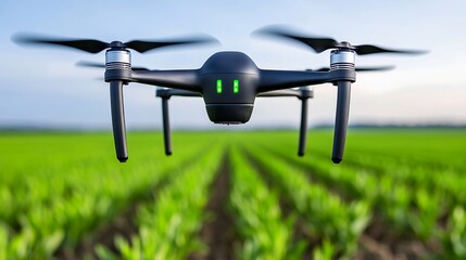 Drone Flying Over Green Field with Crops During Sunny Day