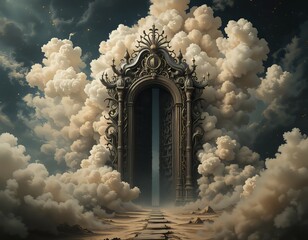 puerta surrealista entre nubes