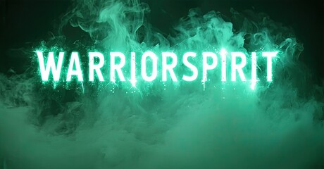 Bright text reads WarriorSpirit over smoky teal background. Dramatic lighting creates intense visual impact. Minimalist design.