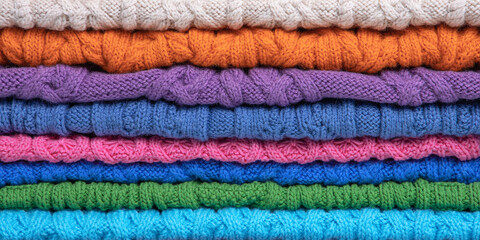 Abstract knitted background from set of multicolored knitted clothes stacked. Space for text. Knitting warm clothes, blankets and blankets. Concept of home needlework. Banner