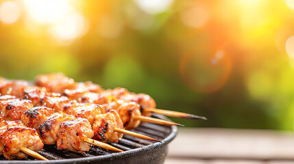 Delicious grilled skewers sizzling on the barbecue under the warm sunlight.