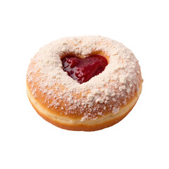 Delicious heart-shaped donut with pink icing, sugar topping. Attractive snack for Valentine's day.
