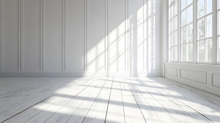 Sunlit white room interior modern design photography minimalist style wide angle aesthetic ambiance