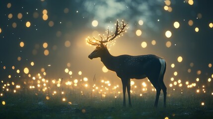 Majestic deer adorned with glowing lights in a mystical forest setting