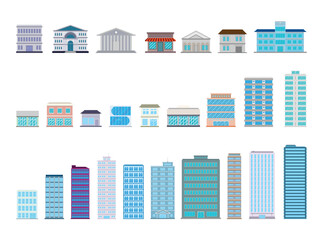 Building on white background. Different 2D buildings for design. Urban community housing in vector illustration.