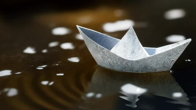 Delicate origami paper boat calmly floats on reflective water with subtle ripples and a dark background, showcasing detail and tranquility.