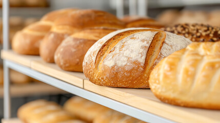 Fototapeta premium Freshly baked artisan breads displayed on wooden shelves in a bakery.
