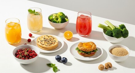Fresh and Healthy Breakfast with Juices, Fruits, Vegetables, and Pastries on White Background