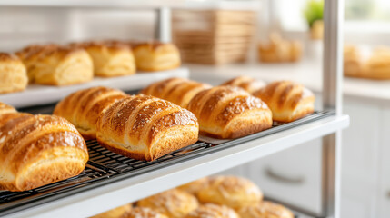 Freshly baked bread loaves cooling on a rack in a modern bakery setting.