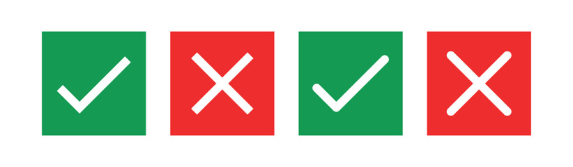 Fototapeta premium Check mark icon button set. Check box icon with right and wrong buttons and yes or no checkmark icons in green tick box and red cross. Isolated checkmark symbol, right and wrong sign concept.