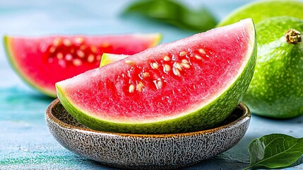 Fresh Watermelon Slices on Plate with Green Melons in Background