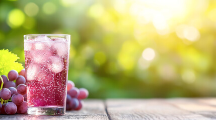 Refreshing grape soda with ice in a glass, perfect for summer enjoyment.