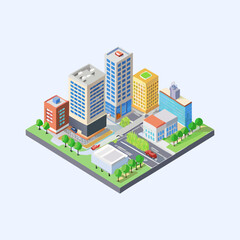 Isometric Urban Cityscape with Skyscrapers and Road Network