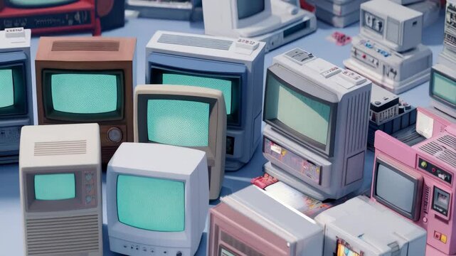 A collection of retro style computer monitors in various pastel colors and styles in a flat lay composition.