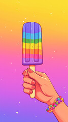 Hand shows bright popsicle against colorful smooth gradient background