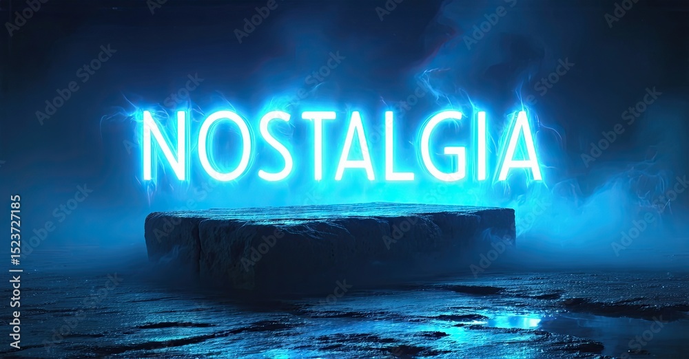 Aufkleber bright neon sign spells nostalgia. dark moody background with fog creates dramatic effect. stone pla