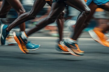 The motion blur of multiple runners in the marathon, captured from an extreme low angle to emphasize their long legs and fast shoes.