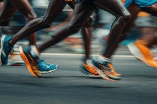 The motion blur of multiple runners in the marathon, captured from an extreme low angle to emphasize their long legs and fast shoes.