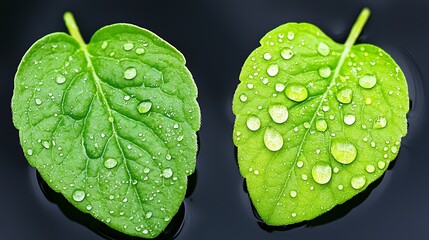 Fresh Green Leaves with Water Droplets on Dark Background