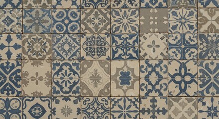 Vintage patterned ceramic tiles in blue and beige