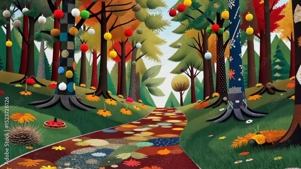 Poster A path in a forest with many trees and a few leaves on the ground. There are many balls hanging from the trees