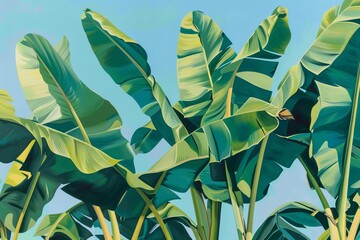 Vibrant Green Tropical Leaves Against Clear Sky Background