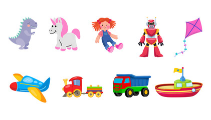 Fototapeta premium Set of Adorable Kids' Playtime Toys: Dinosaur, Unicorn, Robot, Doll, and Vehicles, set of colourful icons 