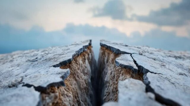 Cracked Earth's Fissure: A dramatic close-up shot revealing the raw power of nature, showcasing a deep crack in the earth against a backdrop of a cloudy sky.