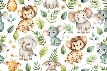 Gardinen Tiere Muster  Adorable watercolor safari animals seamless pattern isolated on white background  © RANO AKTER SANTA