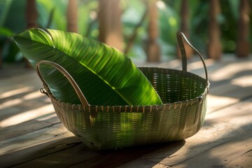 Green Leaf in Woven Basket on Wooden Surface with Natural Light