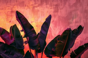 Vibrant Tropical Leaves Silhouetted Against Colorful Sunset Background