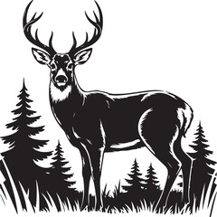 Obraz premium Mountain Deer Silhouette Clipart – Rustic Wildlife Vector ArtMajestic Deer Silhouette – Mountain and Forest Scene DesignWild Mountain Deer SVG Bundle – Cricut Cut Files for OutdoorsDeer with Ant