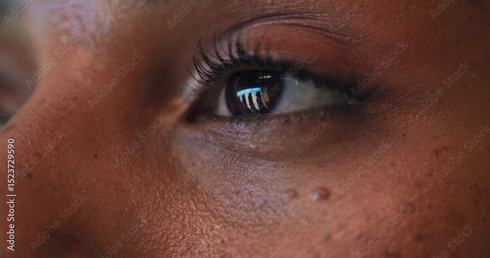 Poster reading, closeup and eyes of person in office on computer for research, online project and article. 