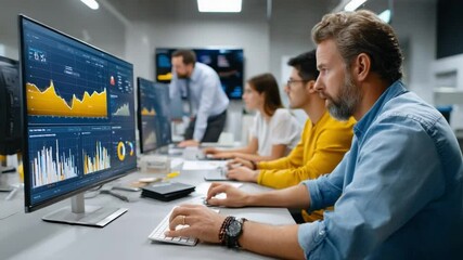 Navigating the Digital Frontier: A dedicated team of business analysts meticulously monitors intricate financial graphs displayed on sleek computer screens. - Powered by Adobe