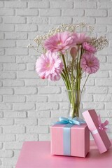 Pink Gerberas in Vase with Gift Boxes
