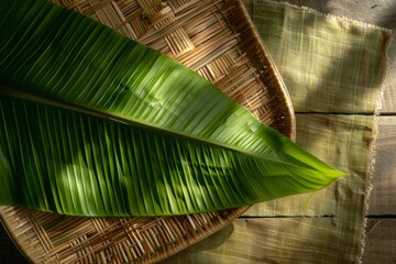 Fresh Green Leaves on Woven Basket Background with Soft Lighting