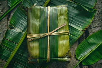 Tropical Leaf Bundle on Rustic Wooden Surface with Greenery