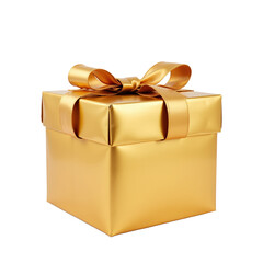 Elegant golden gift box with ribbon, perfect for celebrations. Great for holiday or birthday themes.