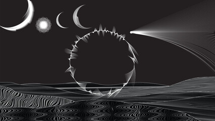 Stars and exoplanet in outer space. Futuristic landscape, with lines . Night landscape with starry sky .Vector illustration