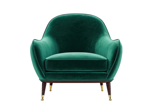 Teal velvet armchair, sculpted form,  dark gold accents