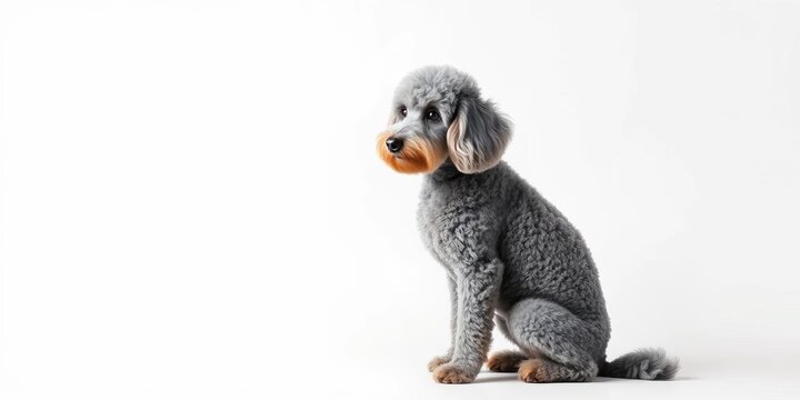 Elegant grey Poodle sits three-quarters view against pure white studio backdrop,  fluffy dog, animal