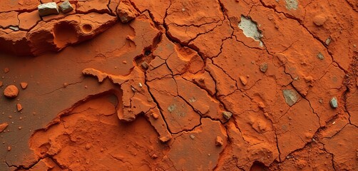 Intense rusty-orange hues, layered earth, stark textures, mineral deposits,  iron,  surface
