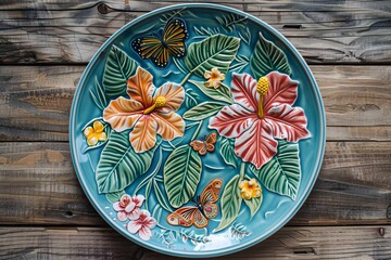 Vibrant Ceramic Plate with Colorful Flowers and Butterflies Design