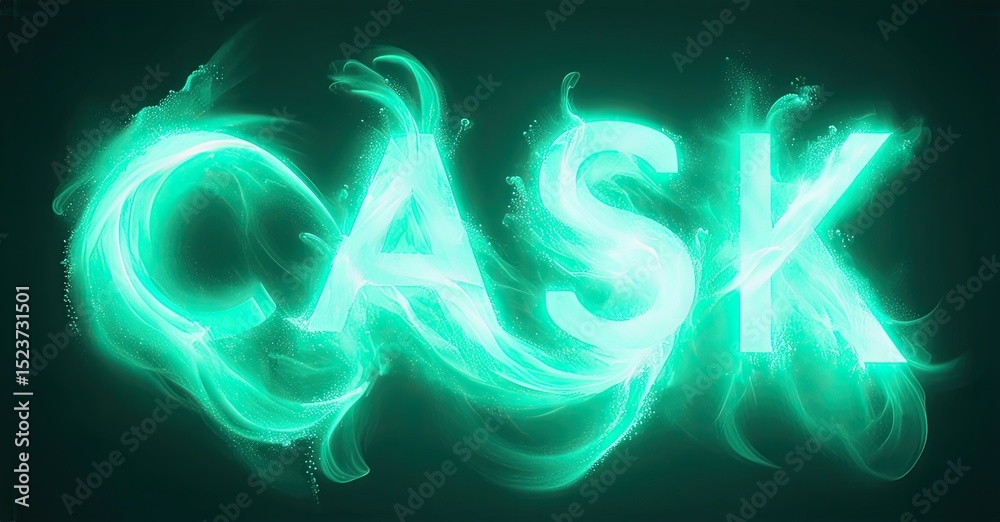 Poster Bright turquoise text spells CASK. Swirling energy surrounds letters, creating dynamic visual effect. Dark background enhances luminosity.